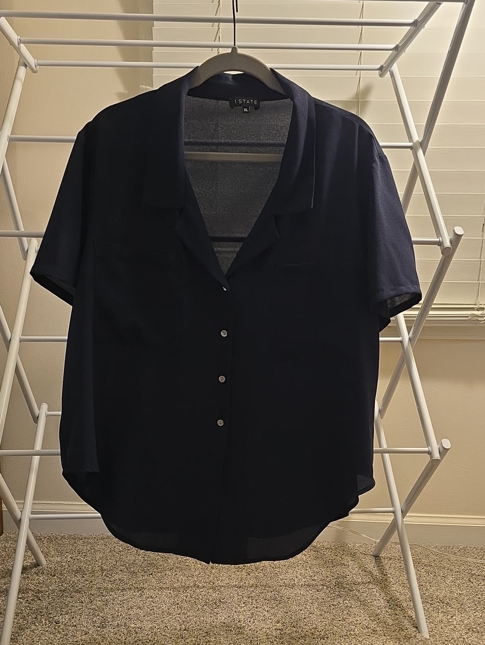 Womens Navy Short-Sleeve Camp Collar Button-Front Blouse